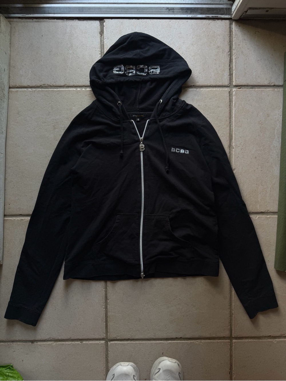 Y2K Vintage Women’s BCBGMaxAzria Black Zip-Up Hoodie Jacket with Rhinestones